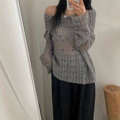 グレーネットオフショルダーパンチングルーズニット|ニット グレーネットオフショルダーパンチングルーズニット|ニット