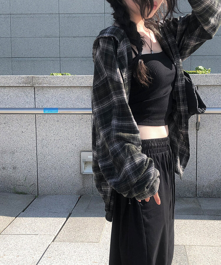 애드 오버핏 체크 후드 남방 셔츠 카키