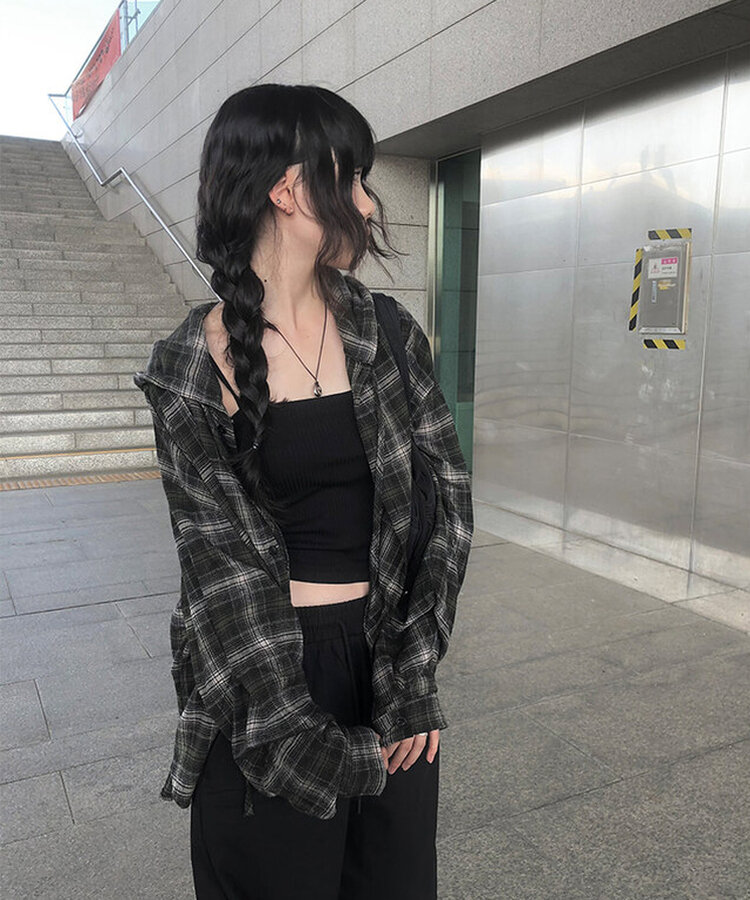 애드 오버핏 체크 후드 남방 셔츠 카키