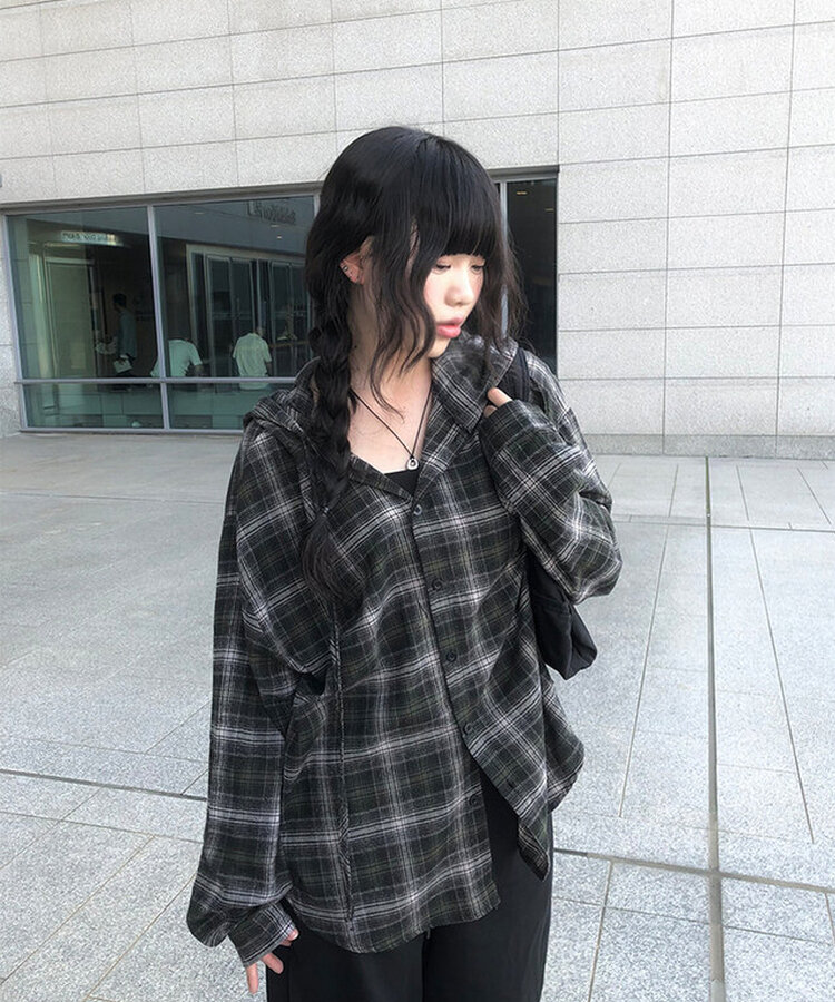 애드 오버핏 체크 후드 남방 셔츠 카키