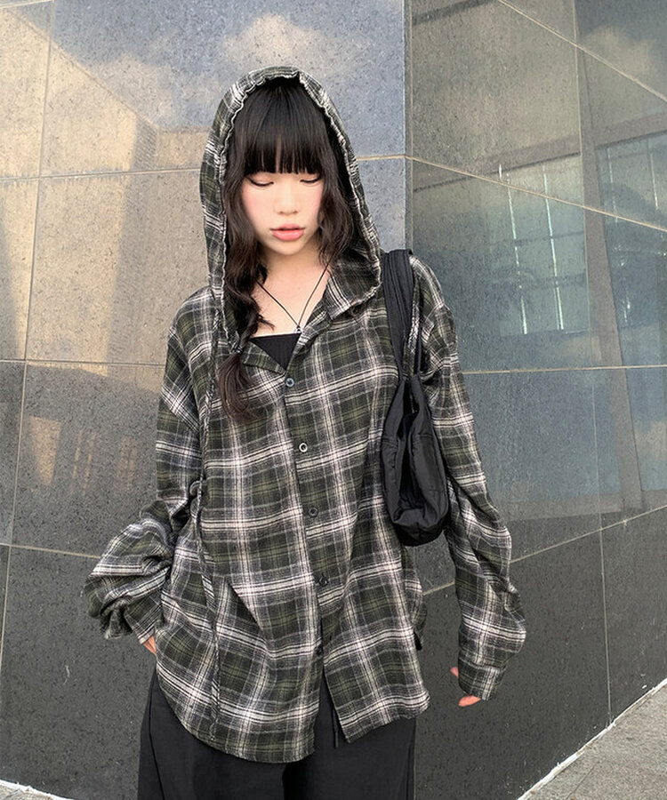 애드 오버핏 체크 후드 남방 셔츠 카키