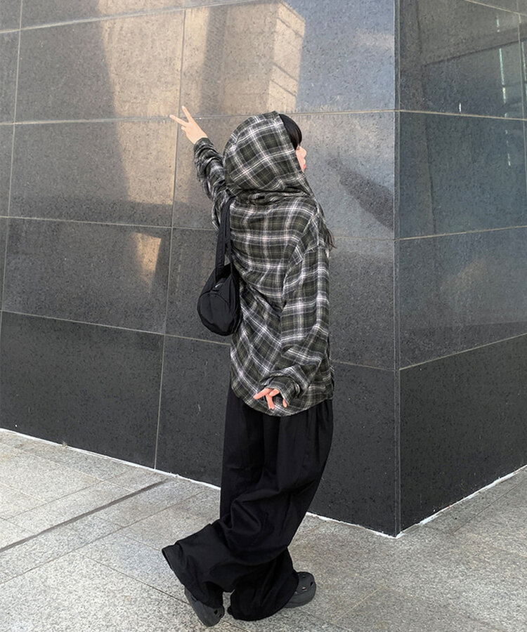 애드 오버핏 체크 후드 남방 셔츠 카키