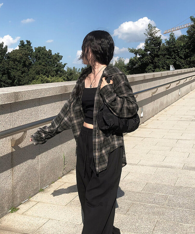 애드 오버핏 체크 후드 남방 셔츠 카키