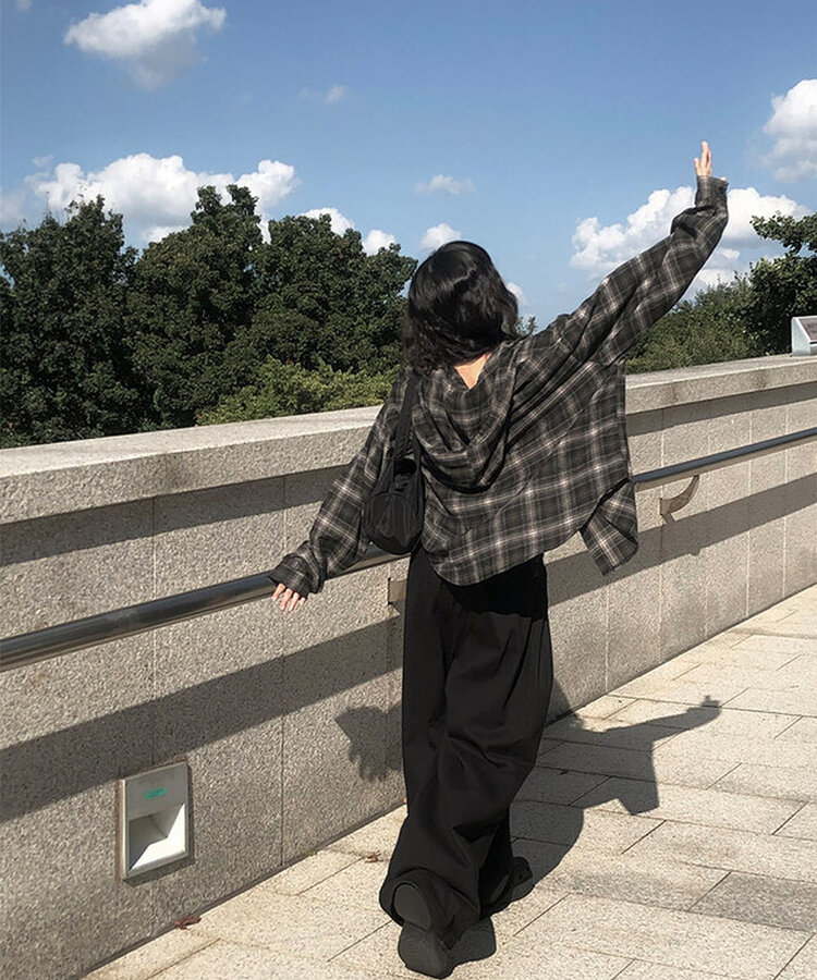 애드 오버핏 체크 후드 남방 셔츠 카키