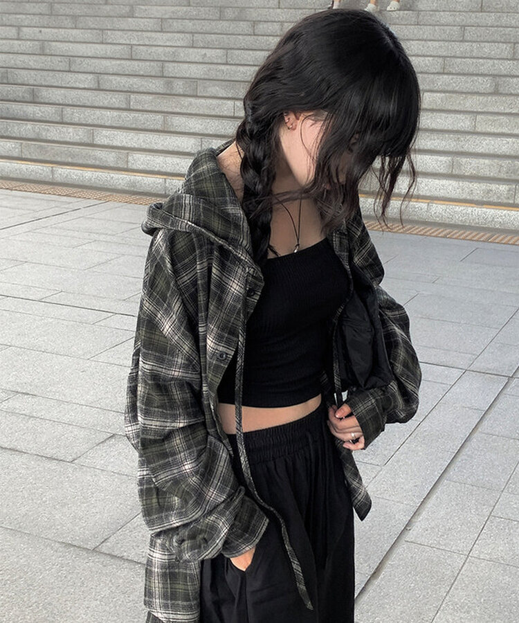 애드 오버핏 체크 후드 남방 셔츠 카키