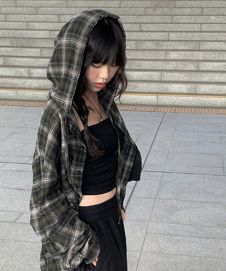 애드 오버핏 체크 후드 남방 셔츠 카키