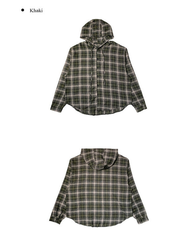 애드 오버핏 체크 후드 남방 셔츠