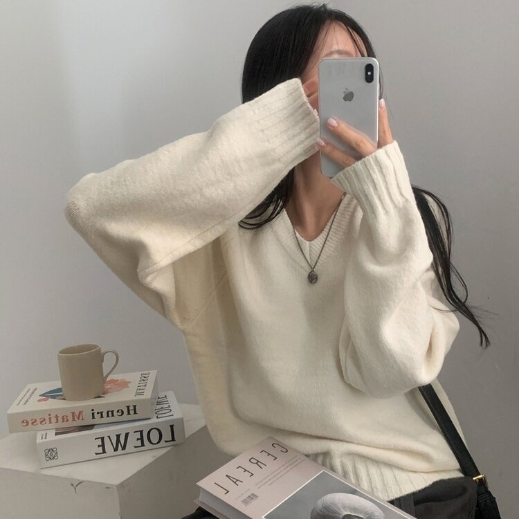 부드러운 여리 루즈핏 브이넥 니트 9color 아이보리