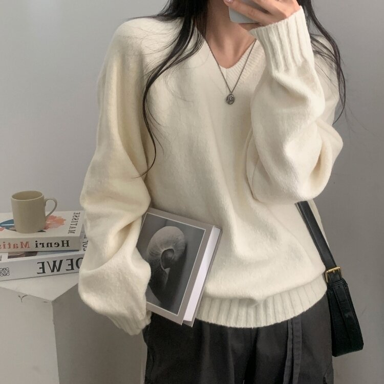 부드러운 여리 루즈핏 브이넥 니트 9color 아이보리