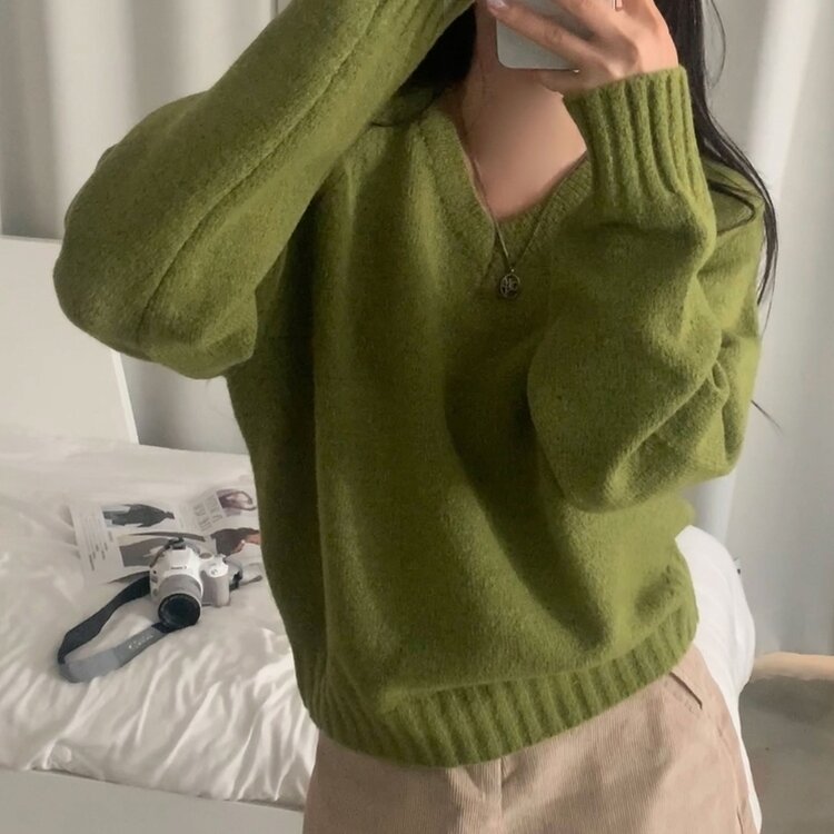부드러운 여리 루즈핏 브이넥 니트 9color 올리브
