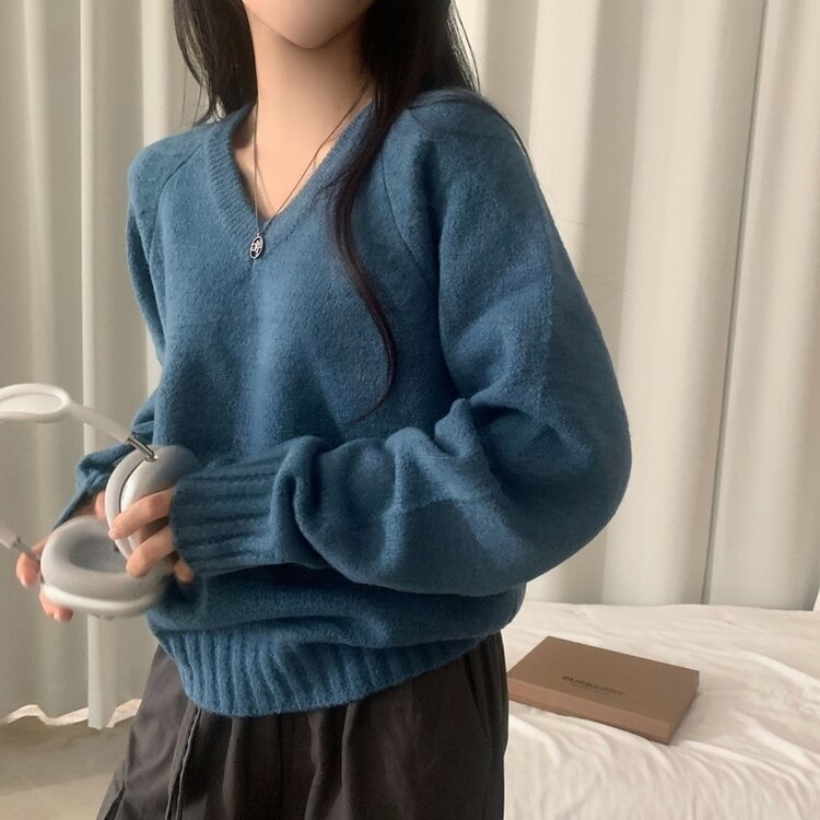 부드러운 여리 루즈핏 브이넥 니트 9color 블루