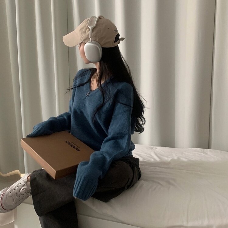 부드러운 여리 루즈핏 브이넥 니트 9color 블루