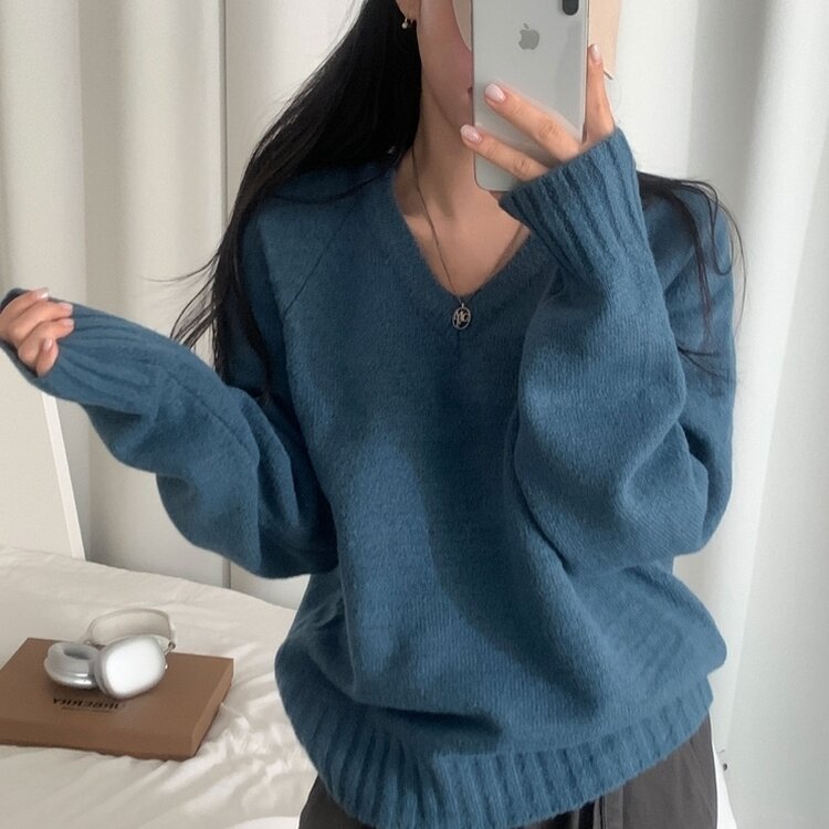 부드러운 여리 루즈핏 브이넥 니트 9color 블루