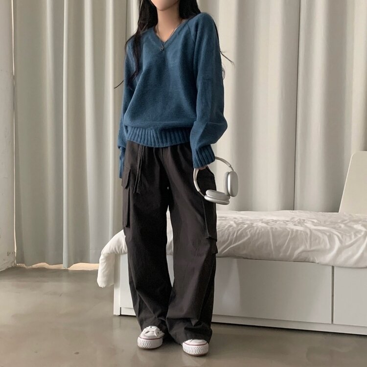 부드러운 여리 루즈핏 브이넥 니트 9color 블루