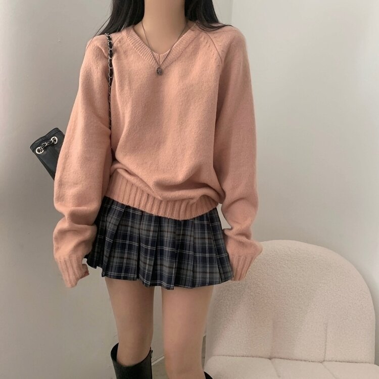 부드러운 여리 루즈핏 브이넥 니트 9color 핑크