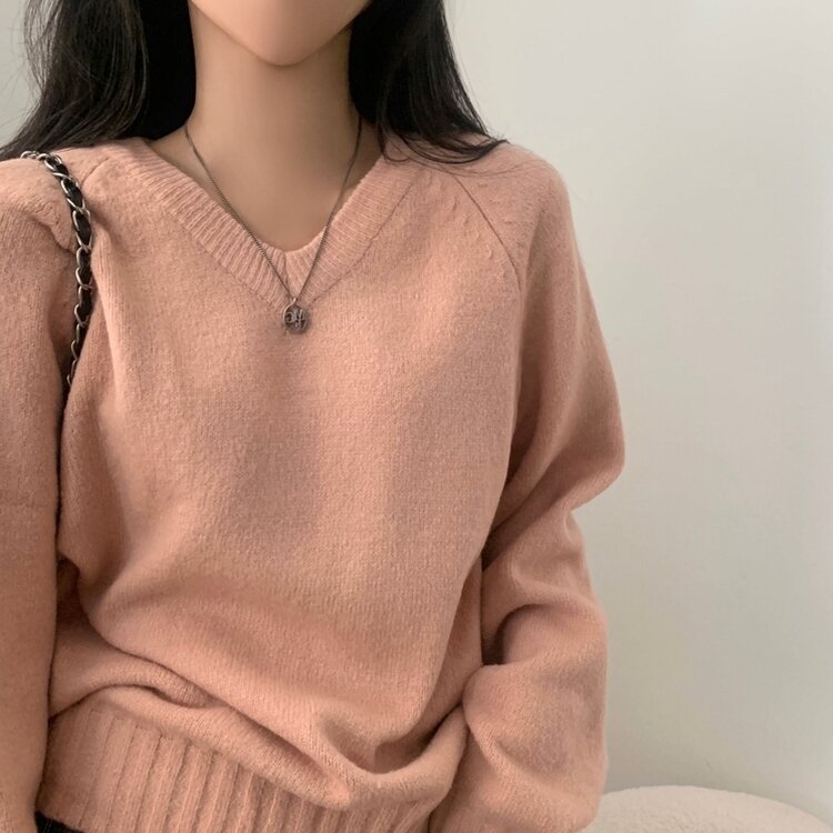 부드러운 여리 루즈핏 브이넥 니트 9color 핑크