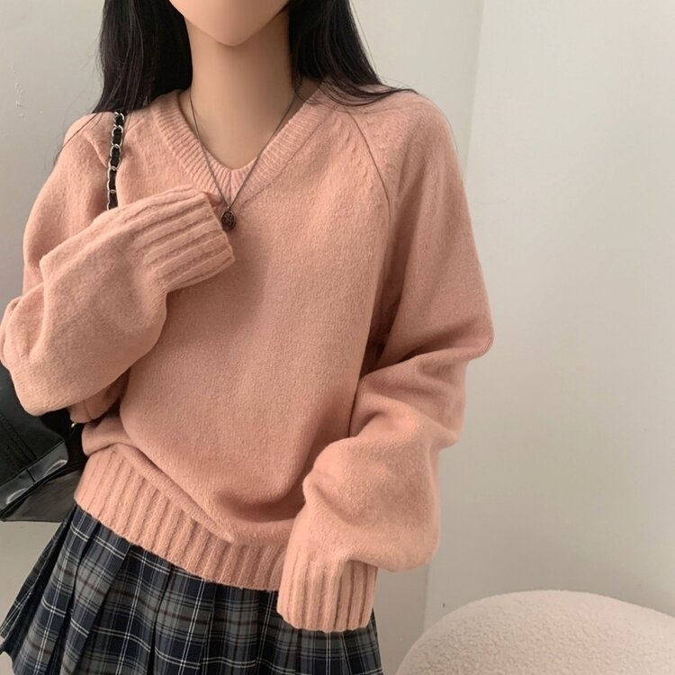 부드러운 여리 루즈핏 브이넥 니트 9color 핑크