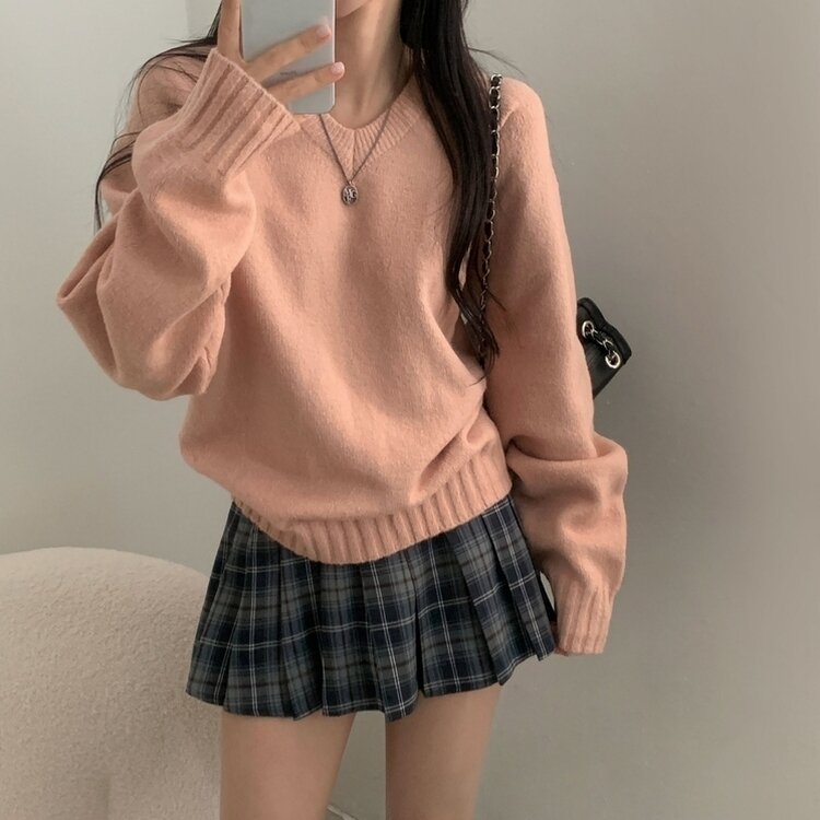 부드러운 여리 루즈핏 브이넥 니트 9color 핑크