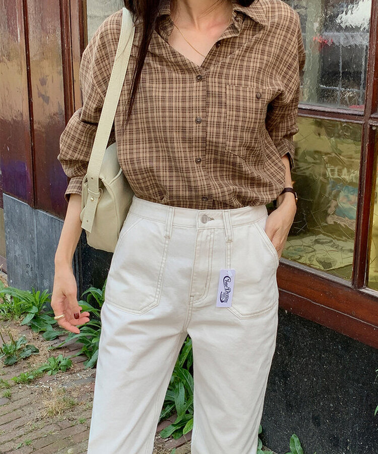 ポケットチェック長袖シャツ CAMEL BROWN