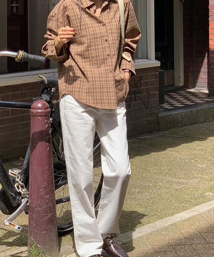 ポケットチェック長袖シャツ CAMEL BROWN