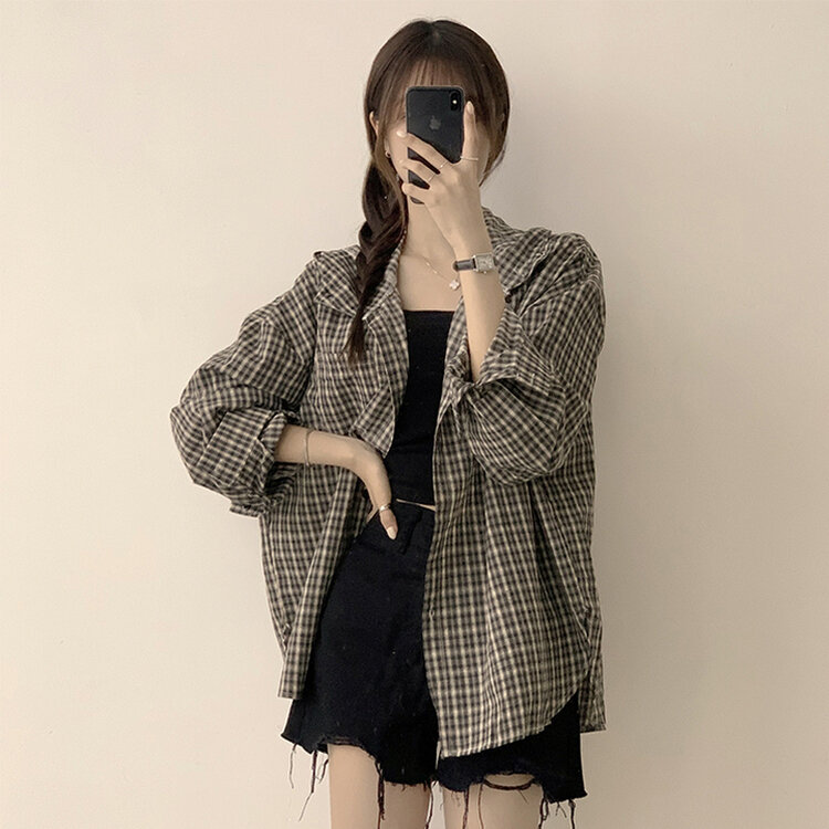 남친 옷 뺏어 입은듯 박시핏 가을 체크 긴팔 후드 셔츠 롱 루즈핏 어텀 남방 2color 블랙