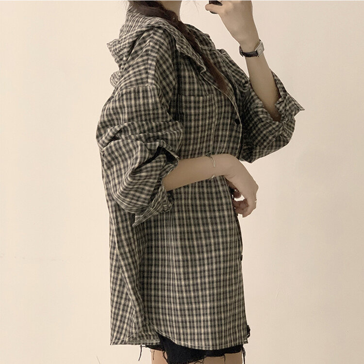 남친 옷 뺏어 입은듯 박시핏 가을 체크 긴팔 후드 셔츠 롱 루즈핏 어텀 남방 2color 블랙