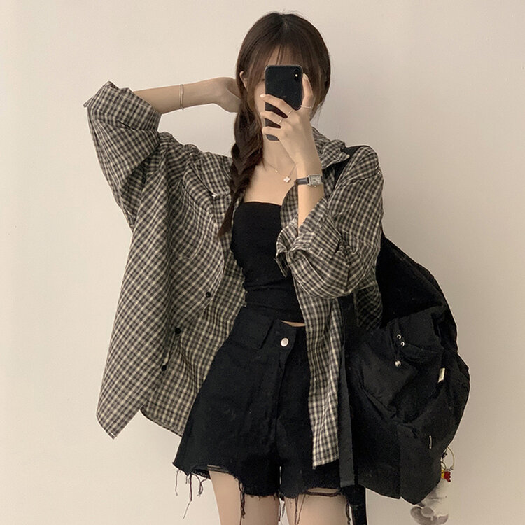 남친 옷 뺏어 입은듯 박시핏 가을 체크 긴팔 후드 셔츠 롱 루즈핏 어텀 남방 2color 블랙