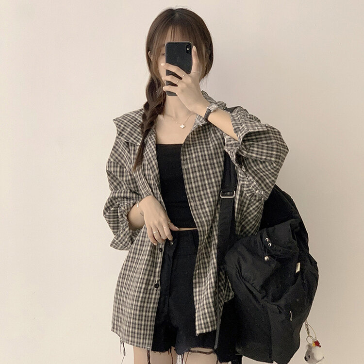 남친 옷 뺏어 입은듯 박시핏 가을 체크 긴팔 후드 셔츠 롱 루즈핏 어텀 남방 2color 블랙
