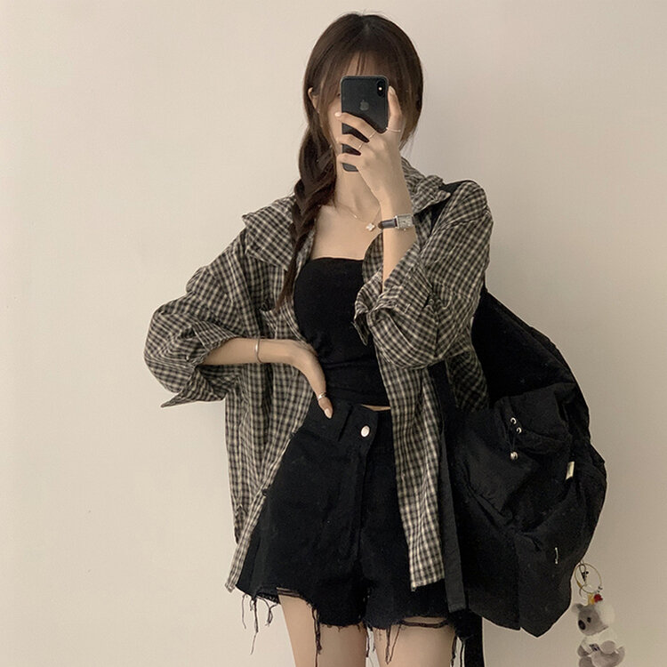 남친 옷 뺏어 입은듯 박시핏 가을 체크 긴팔 후드 셔츠 롱 루즈핏 어텀 남방 2color 블랙