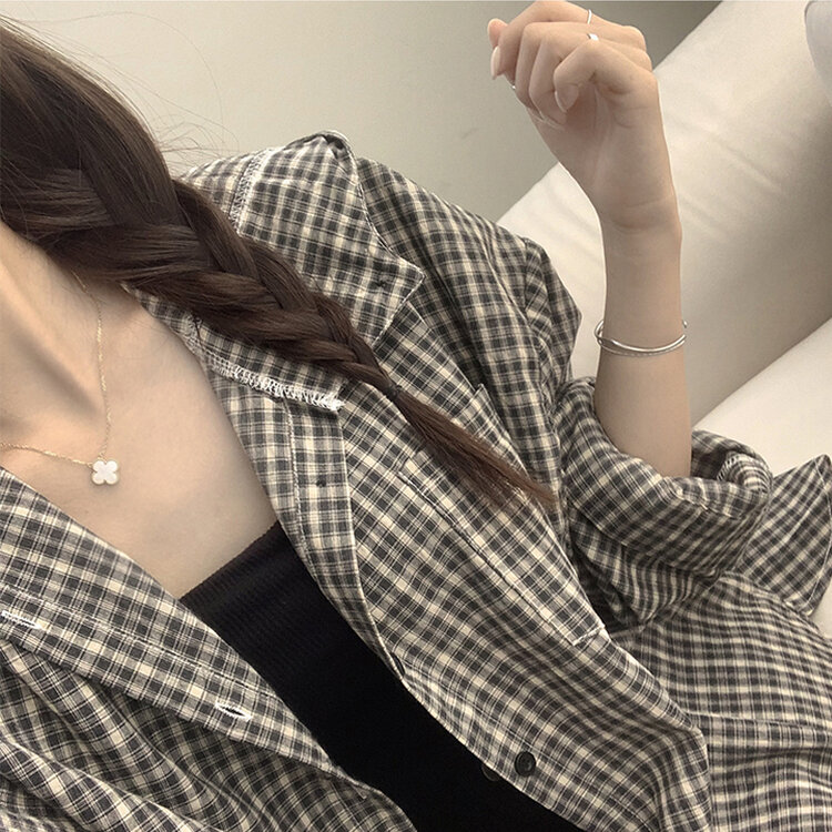 남친 옷 뺏어 입은듯 박시핏 가을 체크 긴팔 후드 셔츠 롱 루즈핏 어텀 남방 2color 블랙