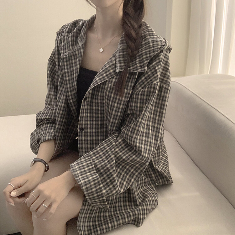 남친 옷 뺏어 입은듯 박시핏 가을 체크 긴팔 후드 셔츠 롱 루즈핏 어텀 남방 2color 블랙