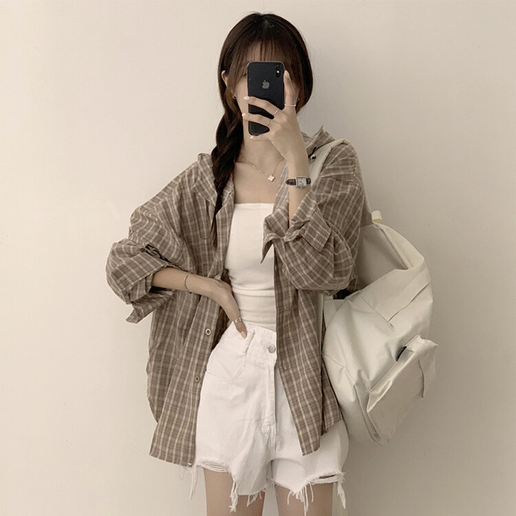 남친 옷 뺏어 입은듯 박시핏 가을 체크 긴팔 후드 셔츠 롱 루즈핏 어텀 남방 2color 베이지