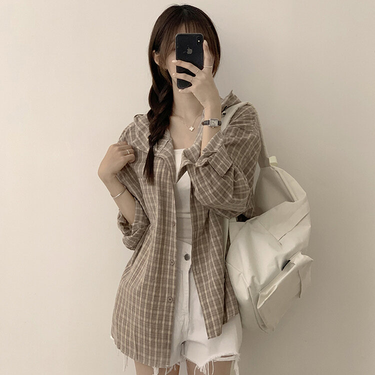 남친 옷 뺏어 입은듯 박시핏 가을 체크 긴팔 후드 셔츠 롱 루즈핏 어텀 남방 2color 베이지