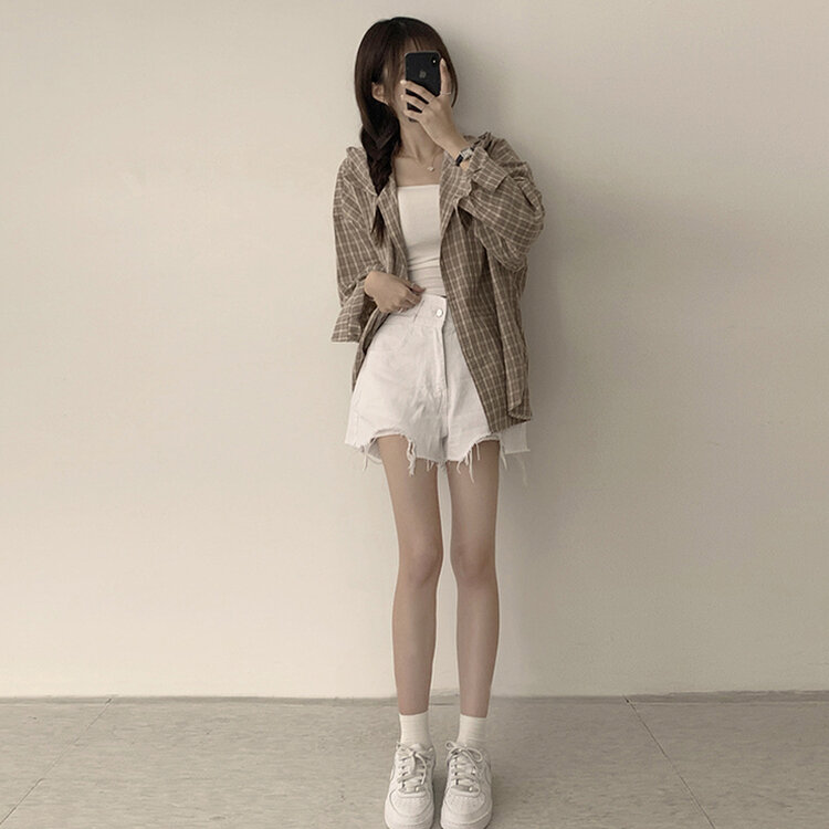 남친 옷 뺏어 입은듯 박시핏 가을 체크 긴팔 후드 셔츠 롱 루즈핏 어텀 남방 2color 베이지