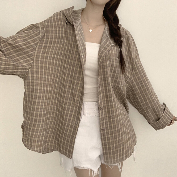 남친 옷 뺏어 입은듯 박시핏 가을 체크 긴팔 후드 셔츠 롱 루즈핏 어텀 남방 2color 베이지