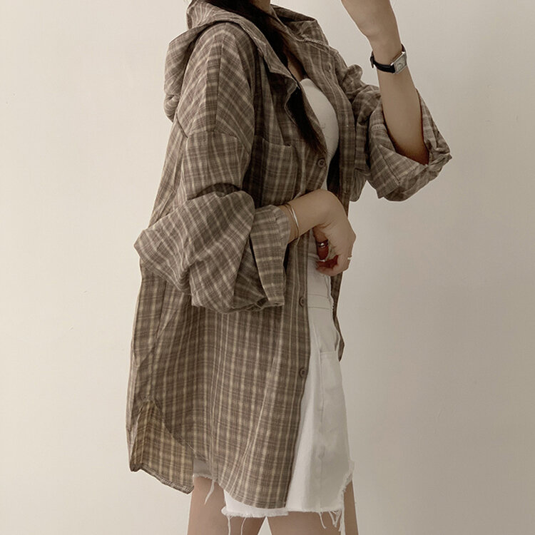 남친 옷 뺏어 입은듯 박시핏 가을 체크 긴팔 후드 셔츠 롱 루즈핏 어텀 남방 2color 베이지