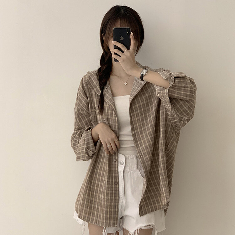 남친 옷 뺏어 입은듯 박시핏 가을 체크 긴팔 후드 셔츠 롱 루즈핏 어텀 남방 2color 베이지