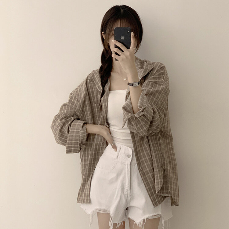 남친 옷 뺏어 입은듯 박시핏 가을 체크 긴팔 후드 셔츠 롱 루즈핏 어텀 남방 2color 베이지