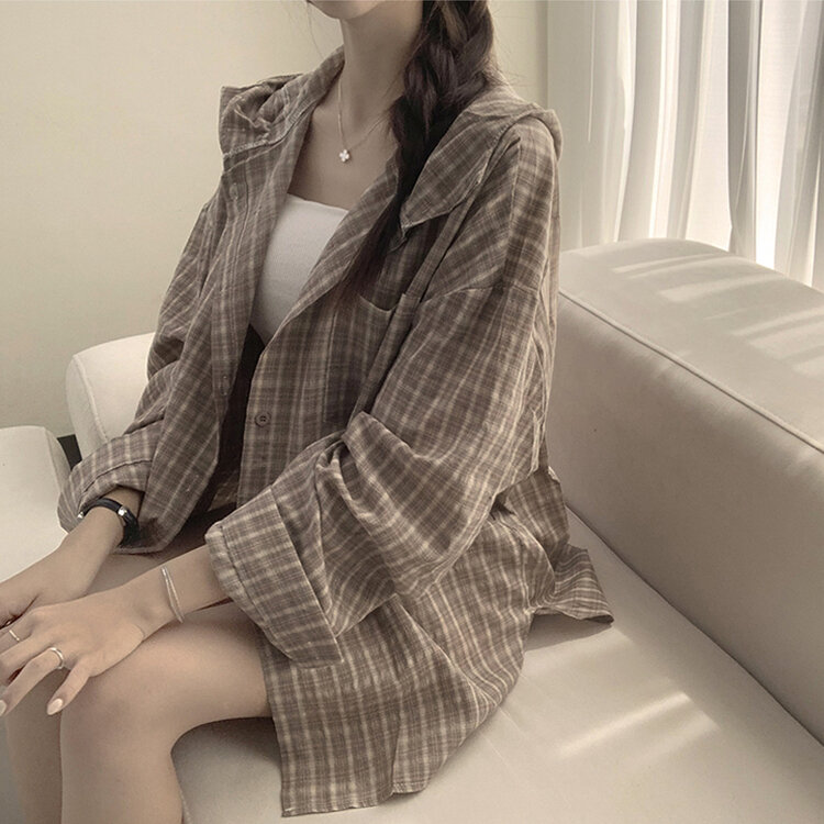 남친 옷 뺏어 입은듯 박시핏 가을 체크 긴팔 후드 셔츠 롱 루즈핏 어텀 남방 2color 베이지