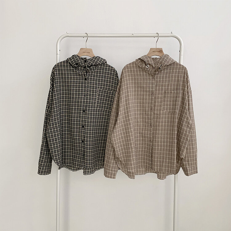 남친 옷 뺏어 입은듯 박시핏 가을 체크 긴팔 후드 셔츠 롱 루즈핏 어텀 남방 2color
