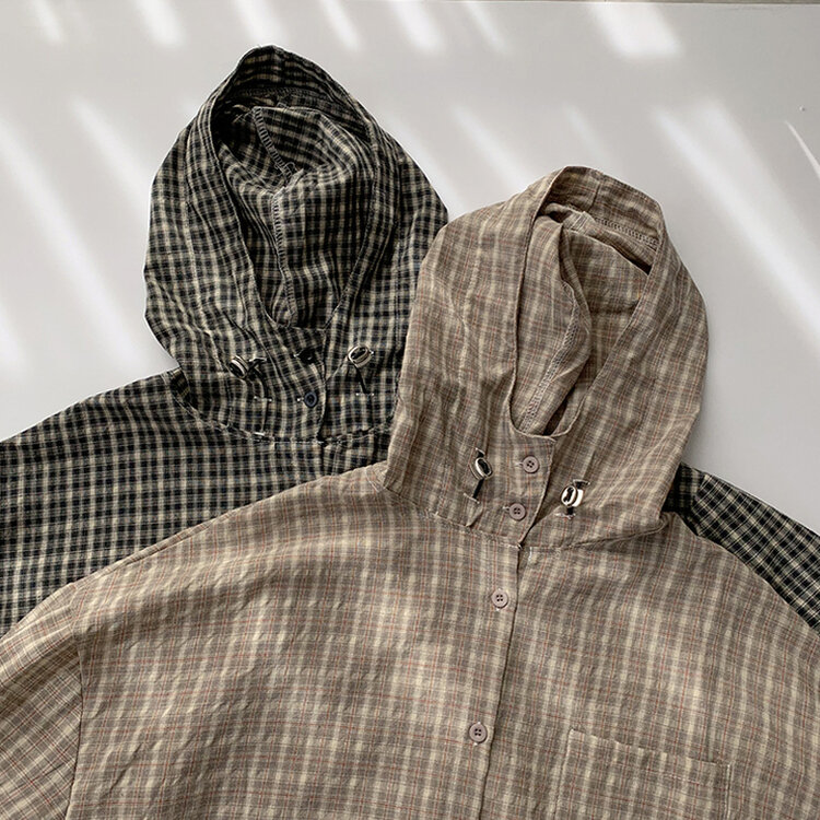 남친 옷 뺏어 입은듯 박시핏 가을 체크 긴팔 후드 셔츠 롱 루즈핏 어텀 남방 2color