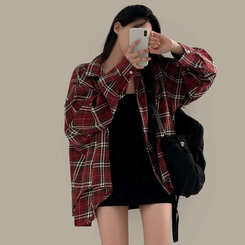 バーガンディーチェックシャツオーバーフィットシャツ BURGUNDY