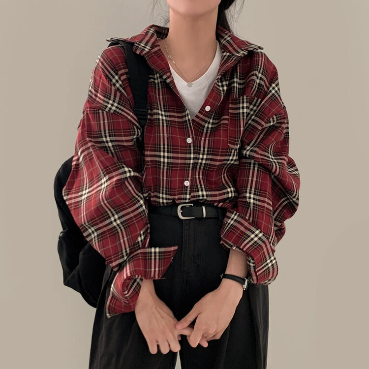 バーガンディーチェックシャツオーバーフィットシャツ BURGUNDY