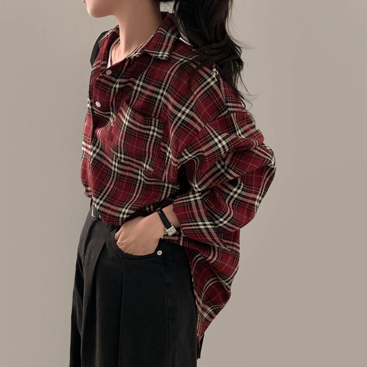 バーガンディーチェックシャツオーバーフィットシャツ BURGUNDY