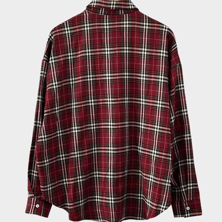 バーガンディーチェックシャツオーバーフィットシャツ