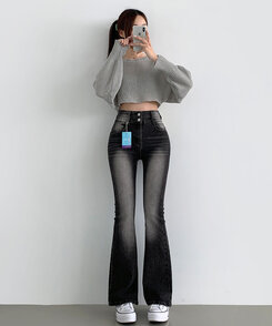 2XL4계절 골반뽕 워싱 스판 부츠컷 데님팬츠 블랙