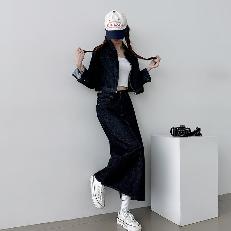【SET着用可能】デニムセミクロップジャケット Hラインロングスカート NAVY