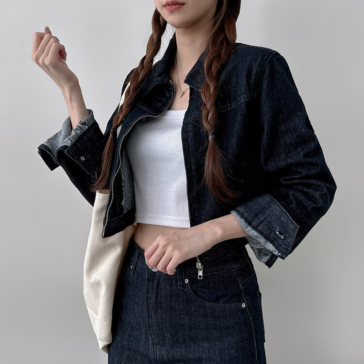 【SET着用可能】デニムセミクロップジャケット Hラインロングスカート NAVY