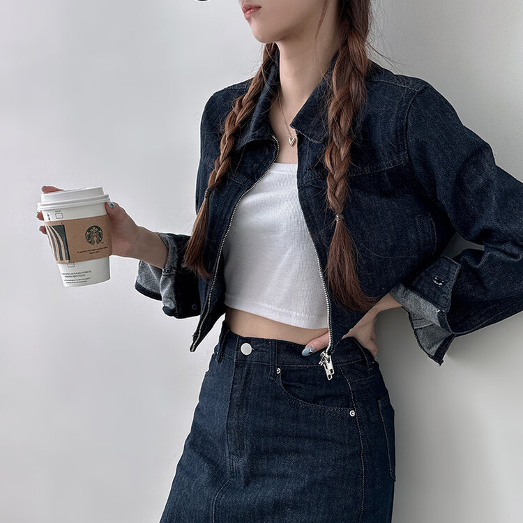 【SET着用可能】デニムセミクロップジャケット Hラインロングスカート NAVY