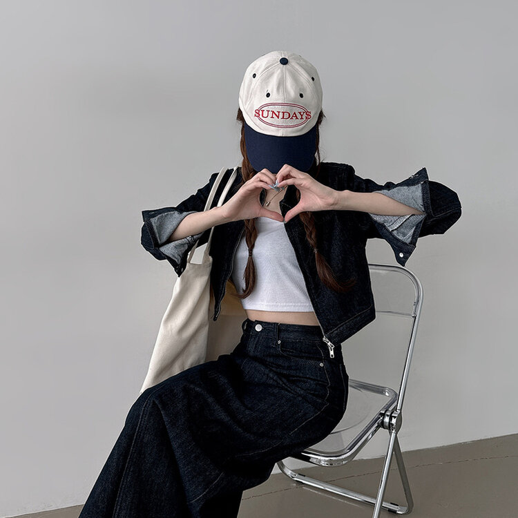 【SET着用可能】デニムセミクロップジャケット Hラインロングスカート NAVY